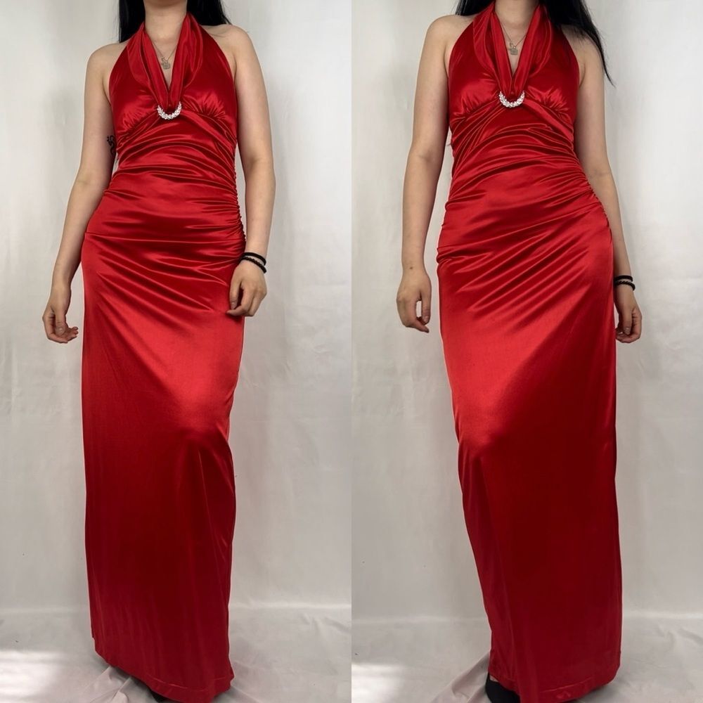 Vintage Red Satin Open Back Halter Neck Maxi Dress Gown